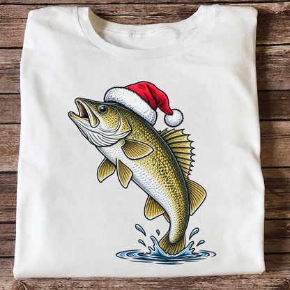 Santa Hat Walleye Christmas Fishing Graphic T-Shirt