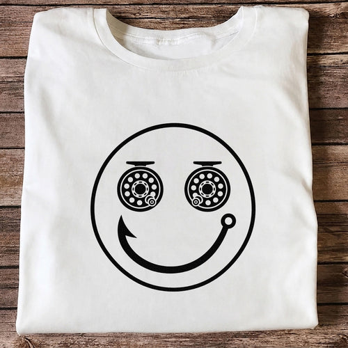 Fishing Reel Eyes Smiley Face Minimalist Graphic T-Shirt
