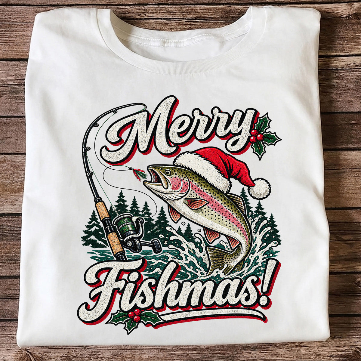 Merry Fishmas Rainbow Trout in Santa Hat Christmas Fishing T-Shirt, Trout Fishing