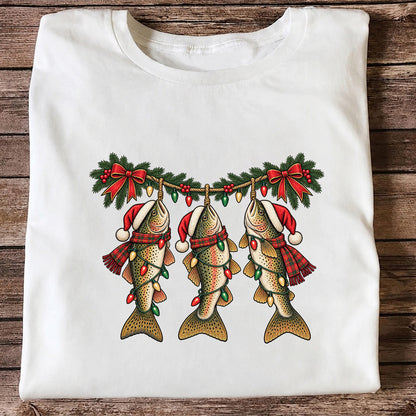 Festive Trout String Lights Christmas Fishing T-Shirt