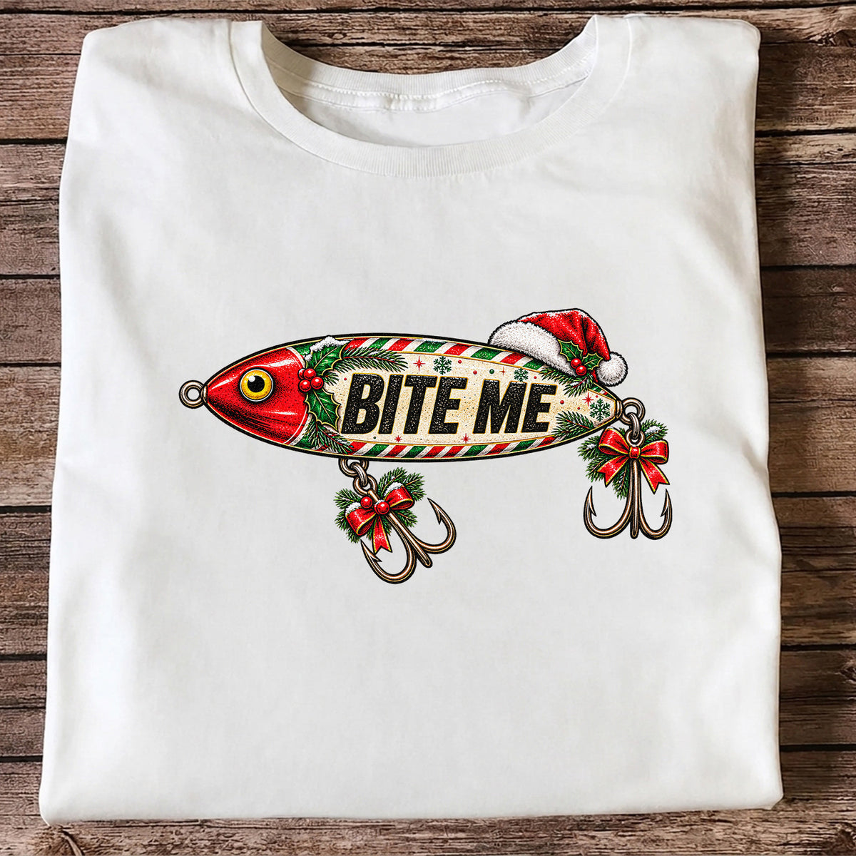 Bite Me Christmas Fishing Lure Funny Graphic T-Shirt
