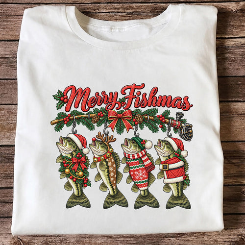 Merry Fishmas Christmas Bass Fishing Graphic T-Shirt