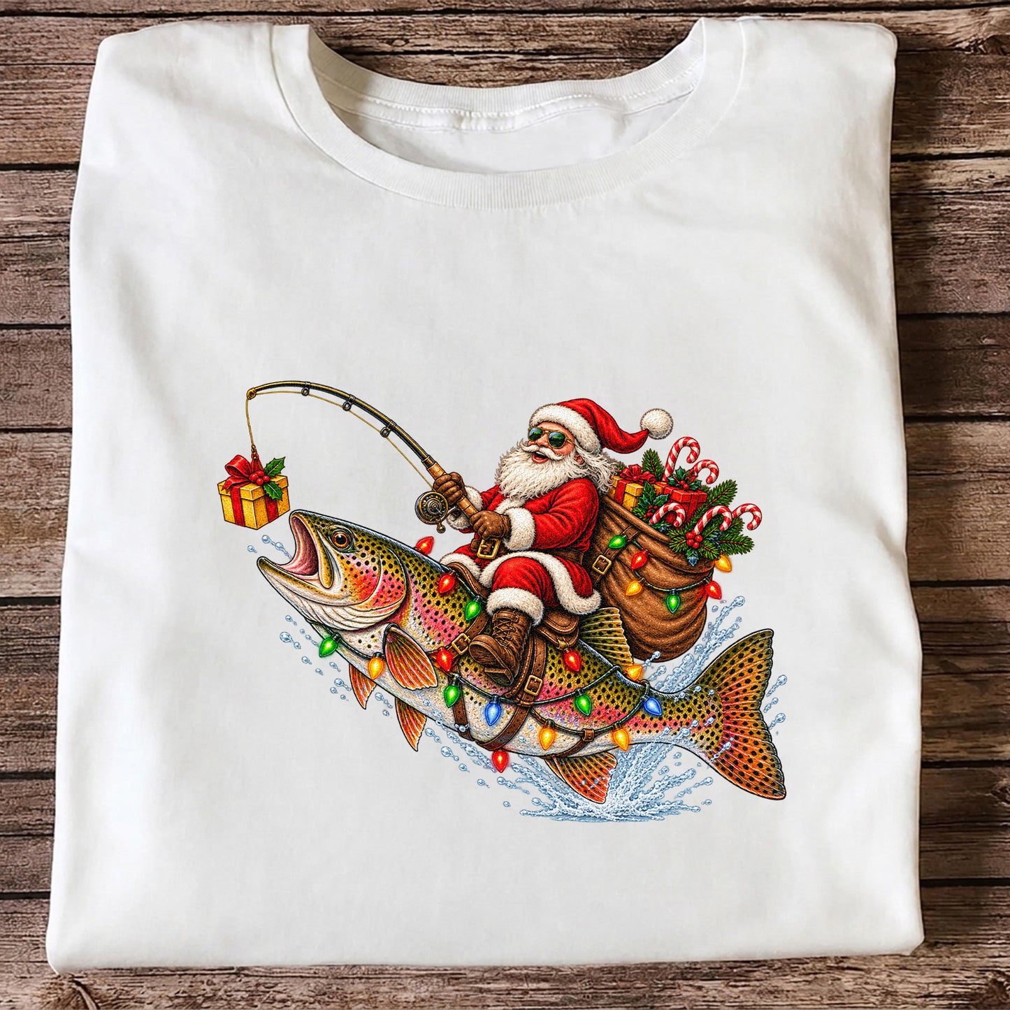 Santa Riding a Rainbow Trout Christmas Fishing Graphic T-Shirt