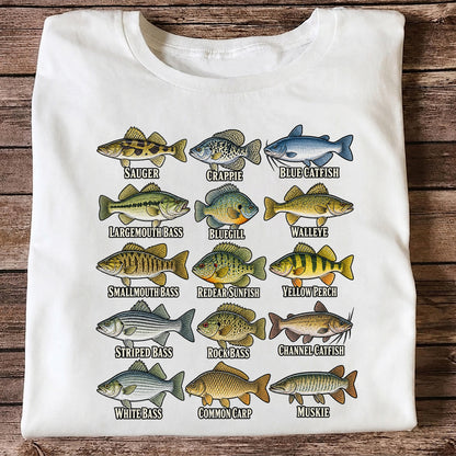 Bass Crappie and Catfish Freshwater Fish Chart Graphic T-Shirt