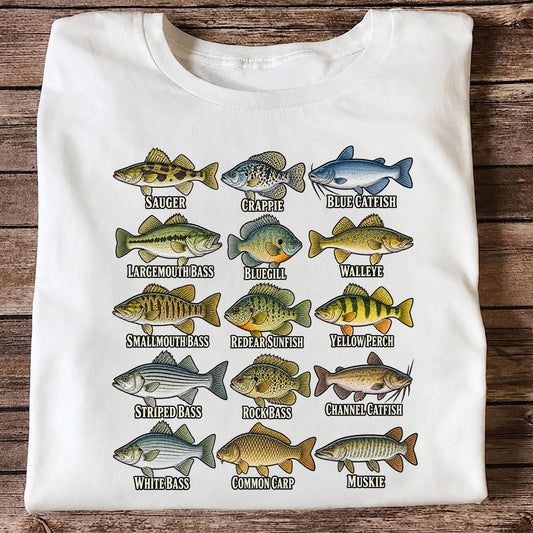 Bass Crappie and Catfish Freshwater Fish Chart Graphic T-Shirt
