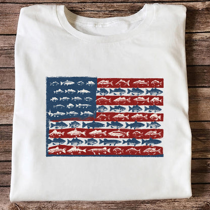 American Flag Made of Fish Patriotic Fishing Graphic T-Shirt