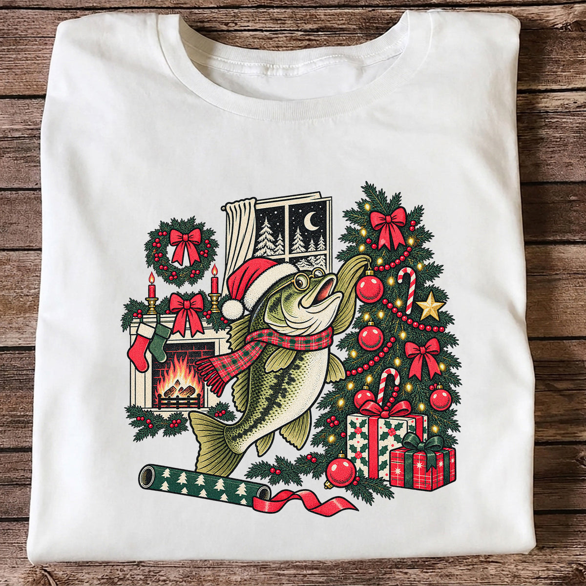 Christmas Bass Fishing Fireplace Tree Graphic T-Shirt