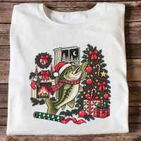Christmas Bass Fishing Fireplace Tree Graphic T-Shirt