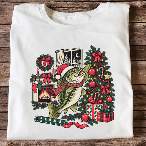 Christmas Bass Fishing Fireplace Tree Graphic T-Shirt