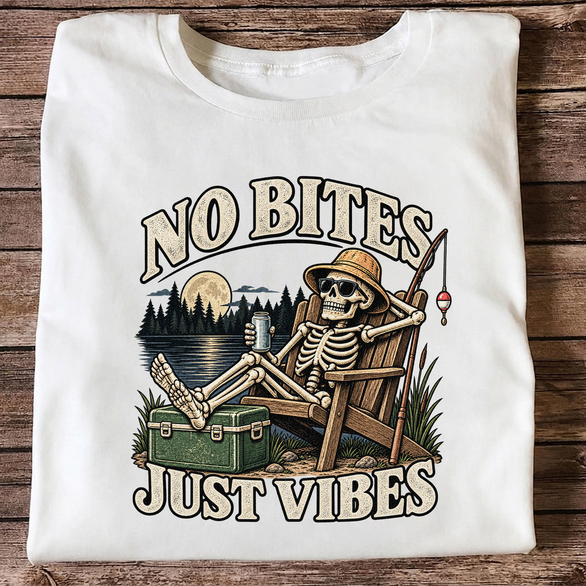 No Bites Just Vibes Skeleton Lake Fishing Graphic T-Shirt