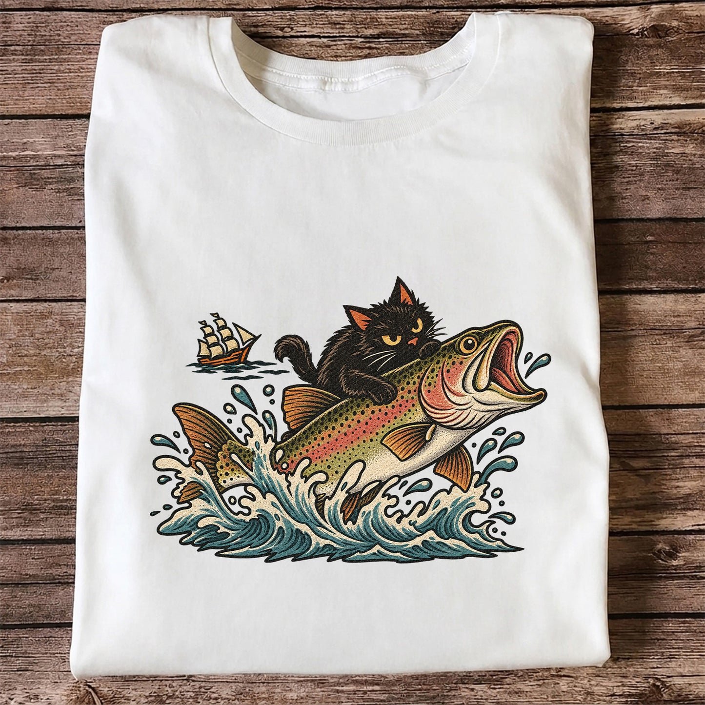 Black Cat Riding a Trout Ocean Wave Fishing Graphic T-Shirt