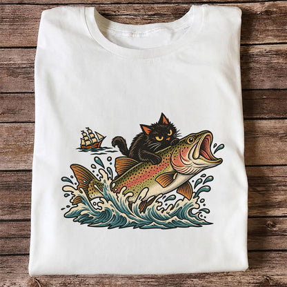 Black Cat Riding a Trout Ocean Wave Fishing Graphic T-Shirt