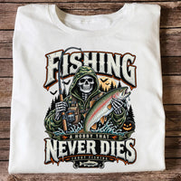 Fishing A Hobby That Never Dies Skeleton Holding Rainbow Trout Halloween T-Shirt