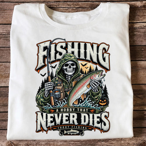 Fishing A Hobby That Never Dies Skeleton Holding Rainbow Trout Halloween T-Shirt