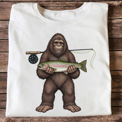 Bigfoot Holding Rainbow Trout Fly Fishing Graphic T-Shirt
