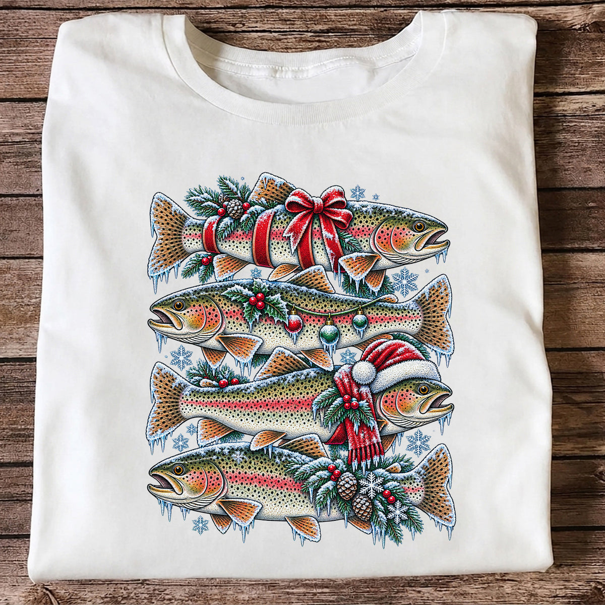 Festive Rainbow Trout Christmas Fishing Graphic T-Shirt