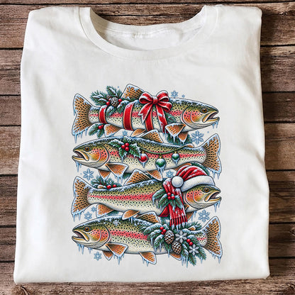 Festive Rainbow Trout Christmas Fishing Graphic T-Shirt