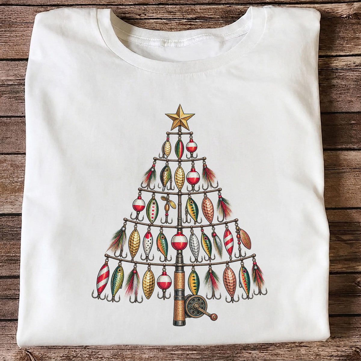 Fishing Lure Christmas Tree with Rod and Reel Graphic T-Shirt