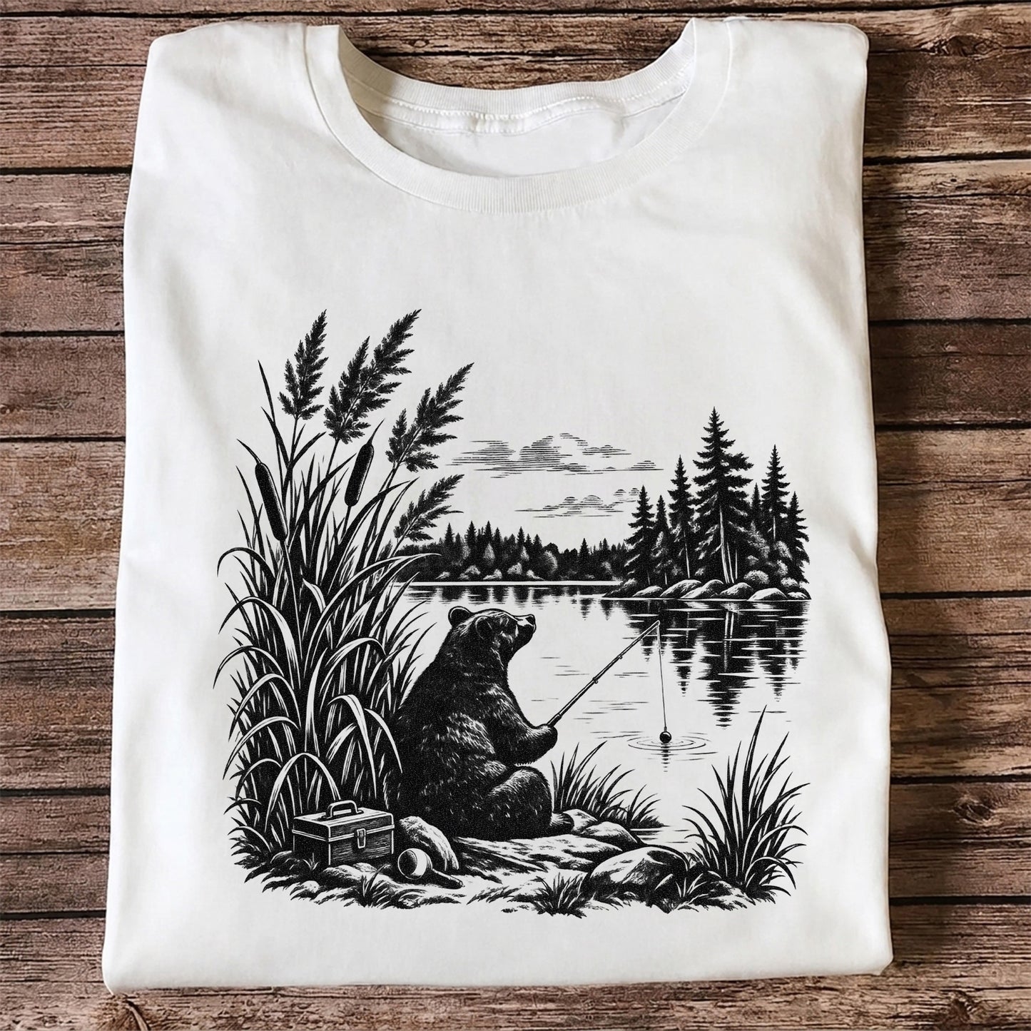 Bear Fishing by the Lake Vintage Outdoor Graphic T-Shirt