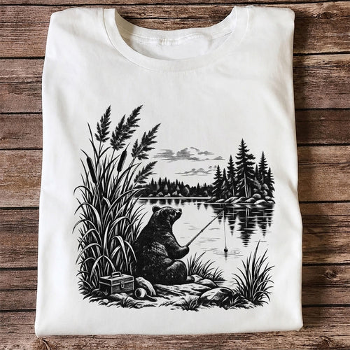 Bear Fishing by the Lake Vintage Outdoor Graphic T-Shirt