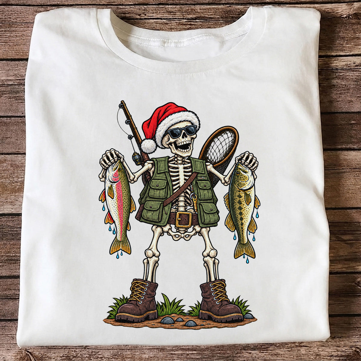 Santa Hat Skeleton Holding Trout and Bass Christmas Fishing T-Shirt