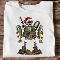 Santa Hat Skeleton Holding Trout and Bass Christmas Fishing T-Shirt
