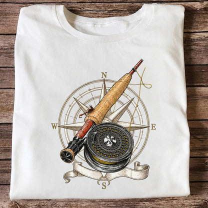 Vintage Fly Fishing Rod Reel and Compass Graphic T-Shirt