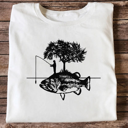 Fish and Tree Silhouette Fishing Graphic T-Shirt