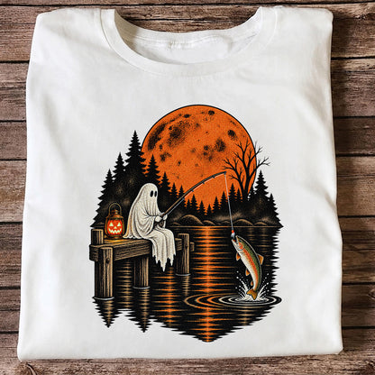 Ghost Fishing for Rainbow Trout Under an Orange Moon Halloween T-Shirt