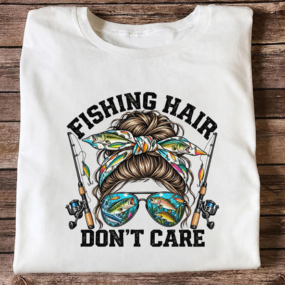 Fishing Hair Don't Care Messy Bun and Sunglasses T-Shirt
