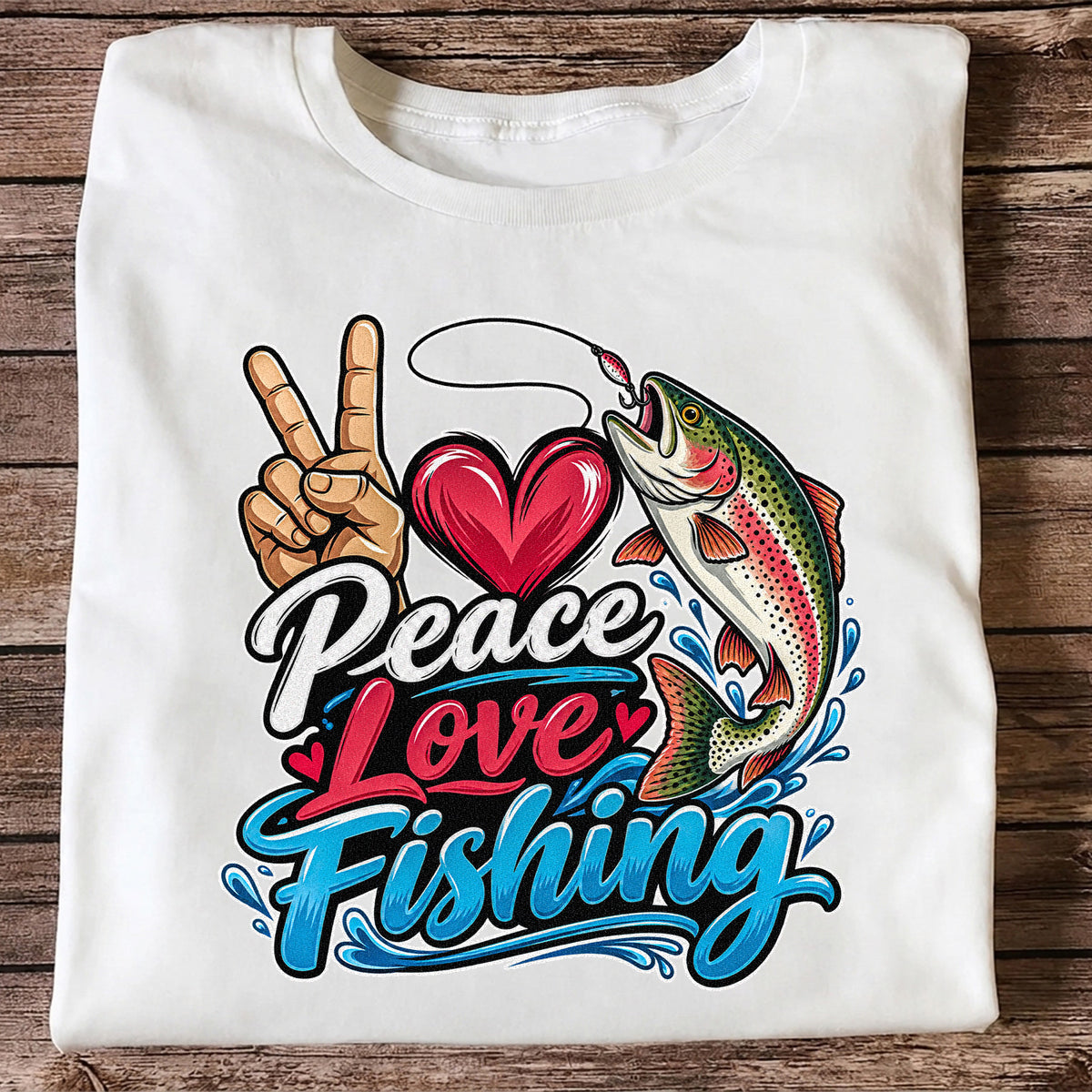 Peace Love Fishing Rainbow Trout and Heart Graphic T-Shirt