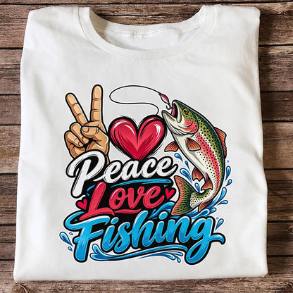 Peace Love Fishing Rainbow Trout and Heart Graphic T-Shirt