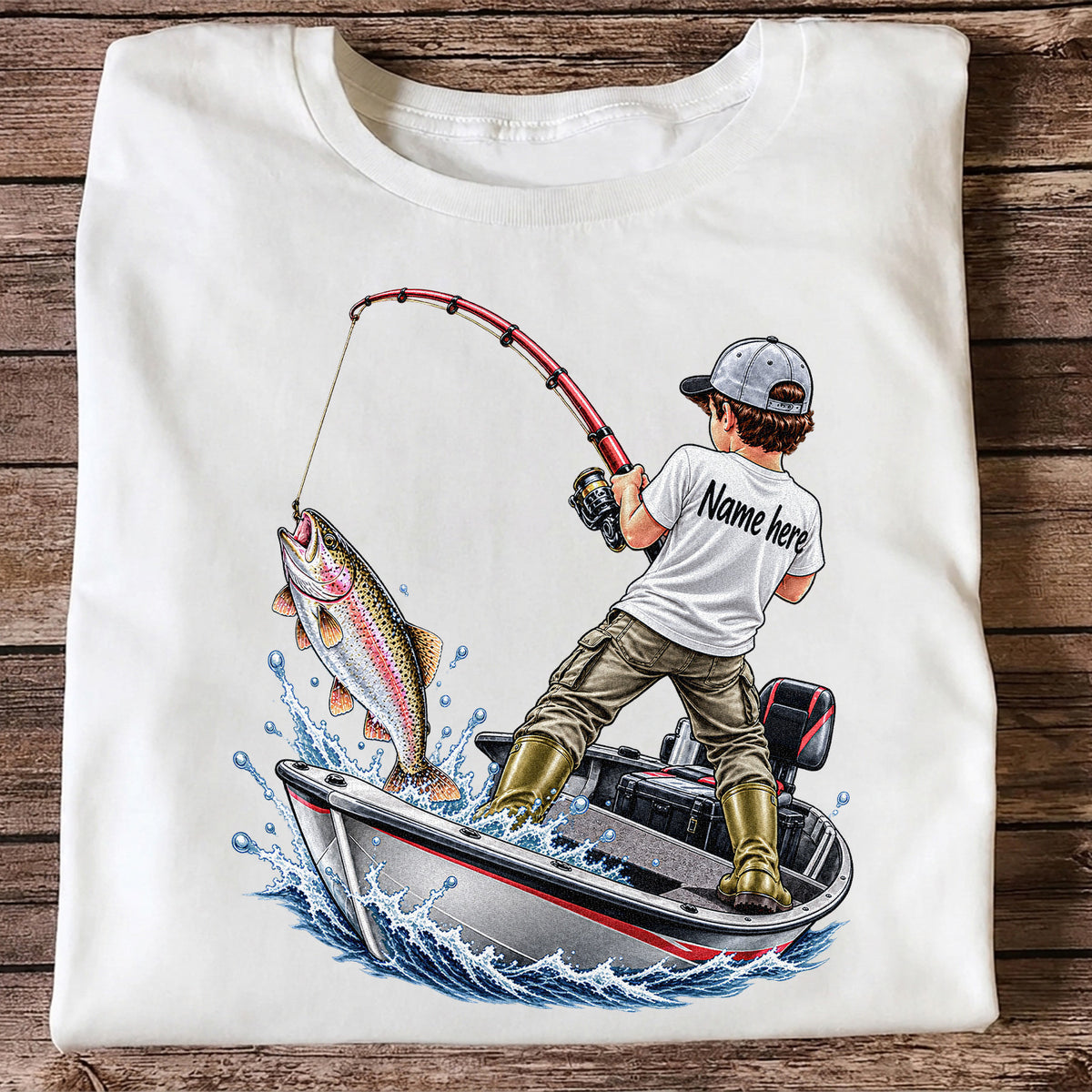 Personalized Boy Fishing Boat and Rainbow Trout Graphic T-Shirt