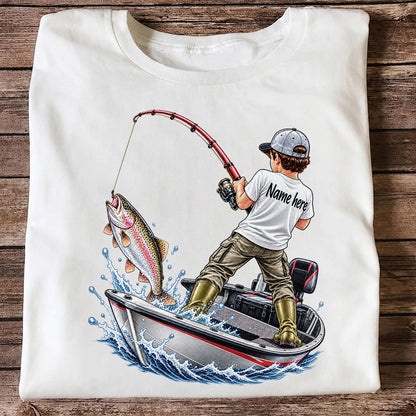 Personalized Boy Fishing Boat and Rainbow Trout Graphic T-Shirt