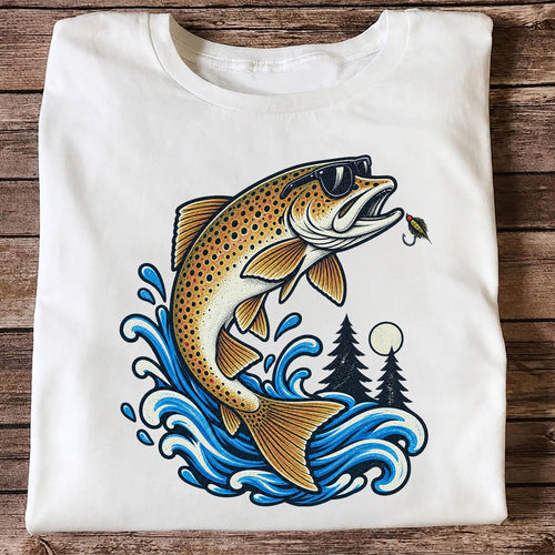 Brown Trout Sunglasses Fishing Graphic T-Shirt with Lure