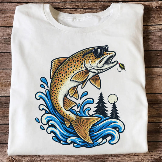 Brown Trout Sunglasses Fishing Graphic T-Shirt with Lure