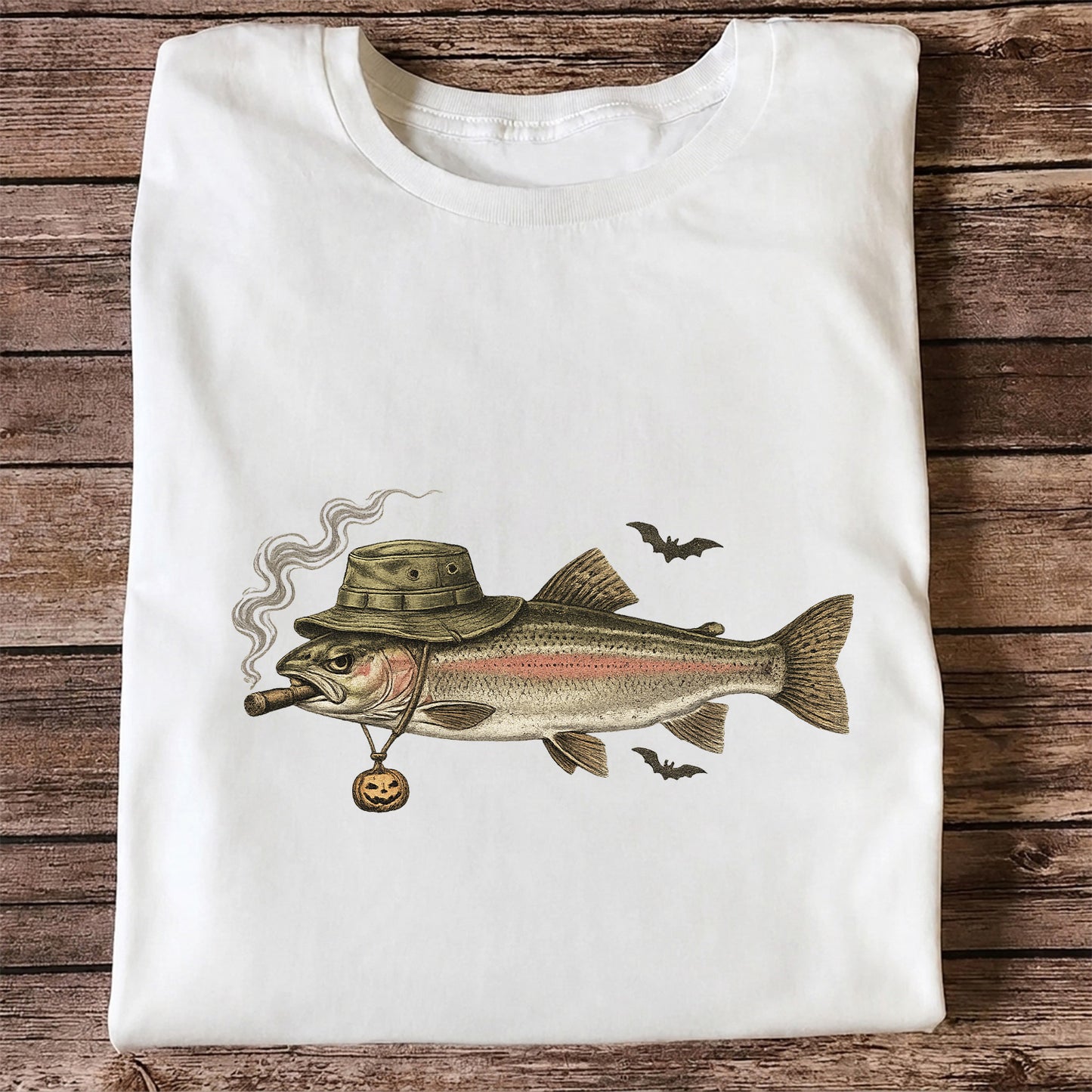 Halloween Trout in Fishing Hat with Pumpkin Charm Graphic T-Shirt