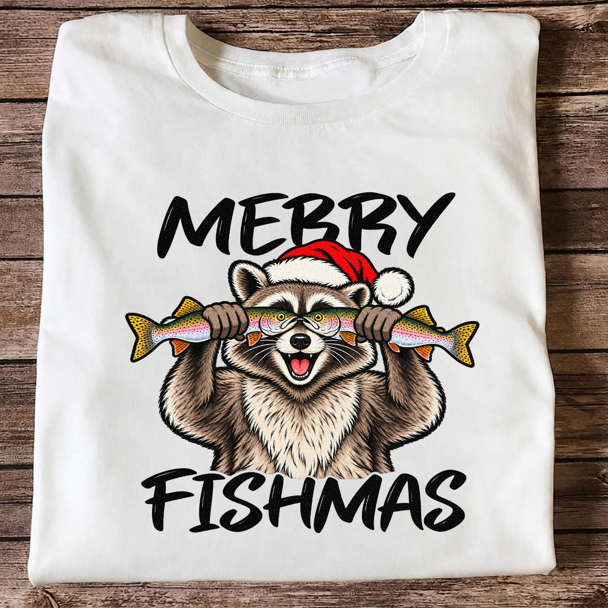 Merry Fishmas Raccoon Rainbow Trout Christmas Fishing T-Shirt