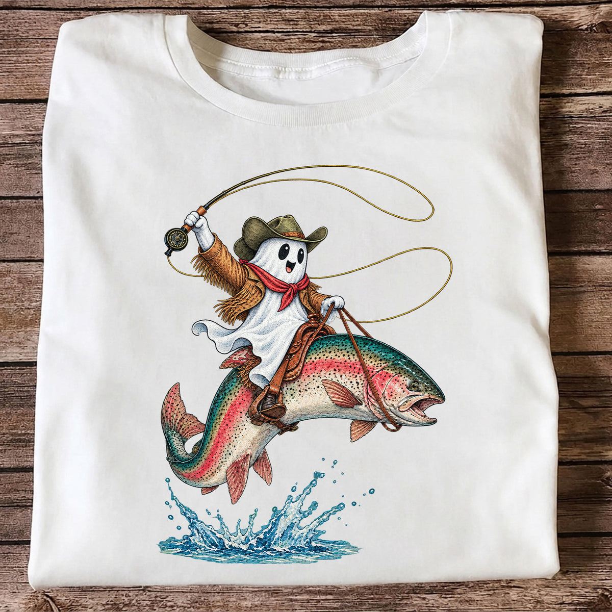 Ghost Cowboy Riding a Rainbow Trout Halloween Fishing T-Shirt