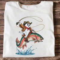 Ghost Cowboy Riding a Rainbow Trout Halloween Fishing T-Shirt