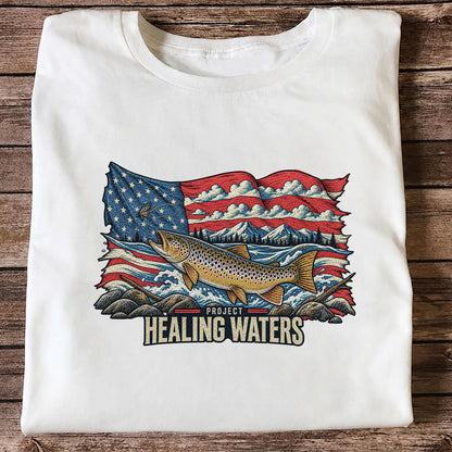 Healing Waters American Flag Brown Trout Fishing Graphic T-Shirt