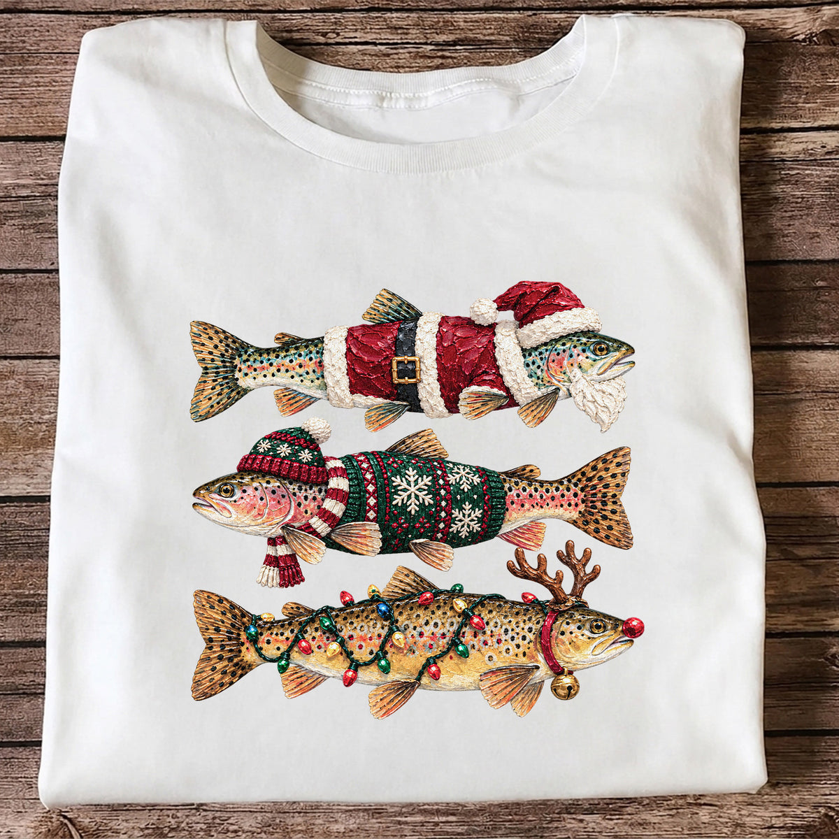 Christmas Trout Fishing Graphic T-Shirt with Festive Fish Artwork
