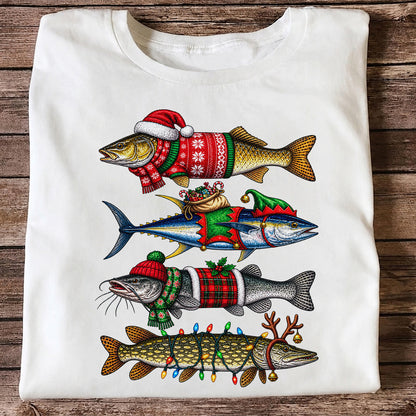 Christmas Fish in Festive Sweaters Fishing Graphic T-Shirt