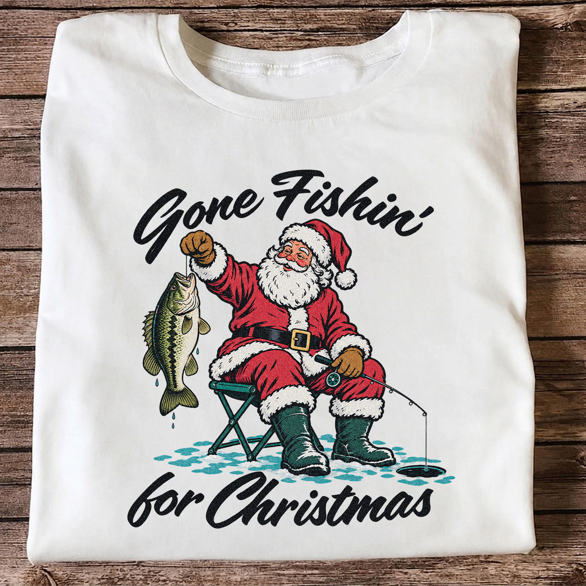 Santa Fishing with Bass Christmas Graphic T-Shirt