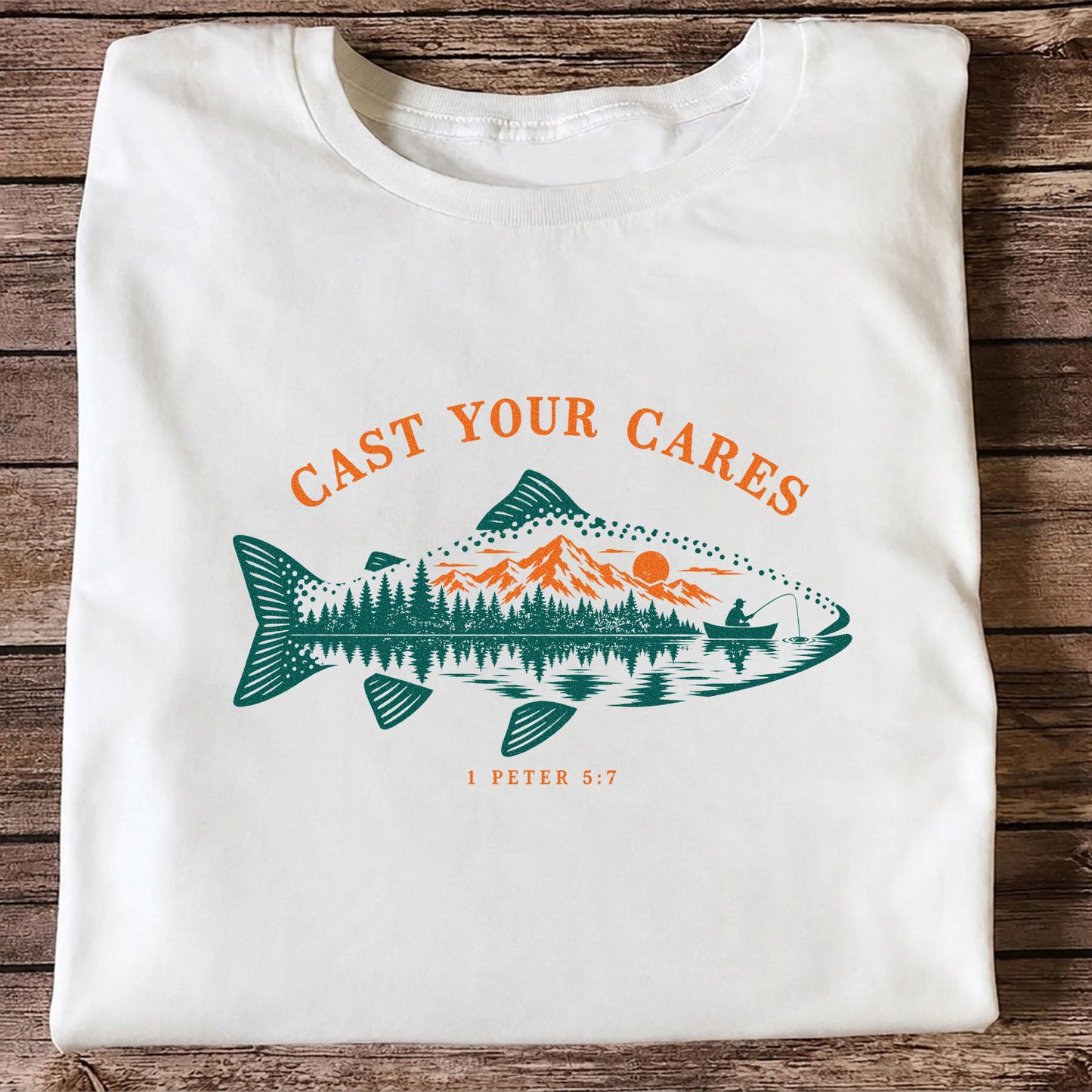 Cast Your Cares 1 Peter 5:7 Fish Silhouette Mountain Lake Fishing T-Shirt