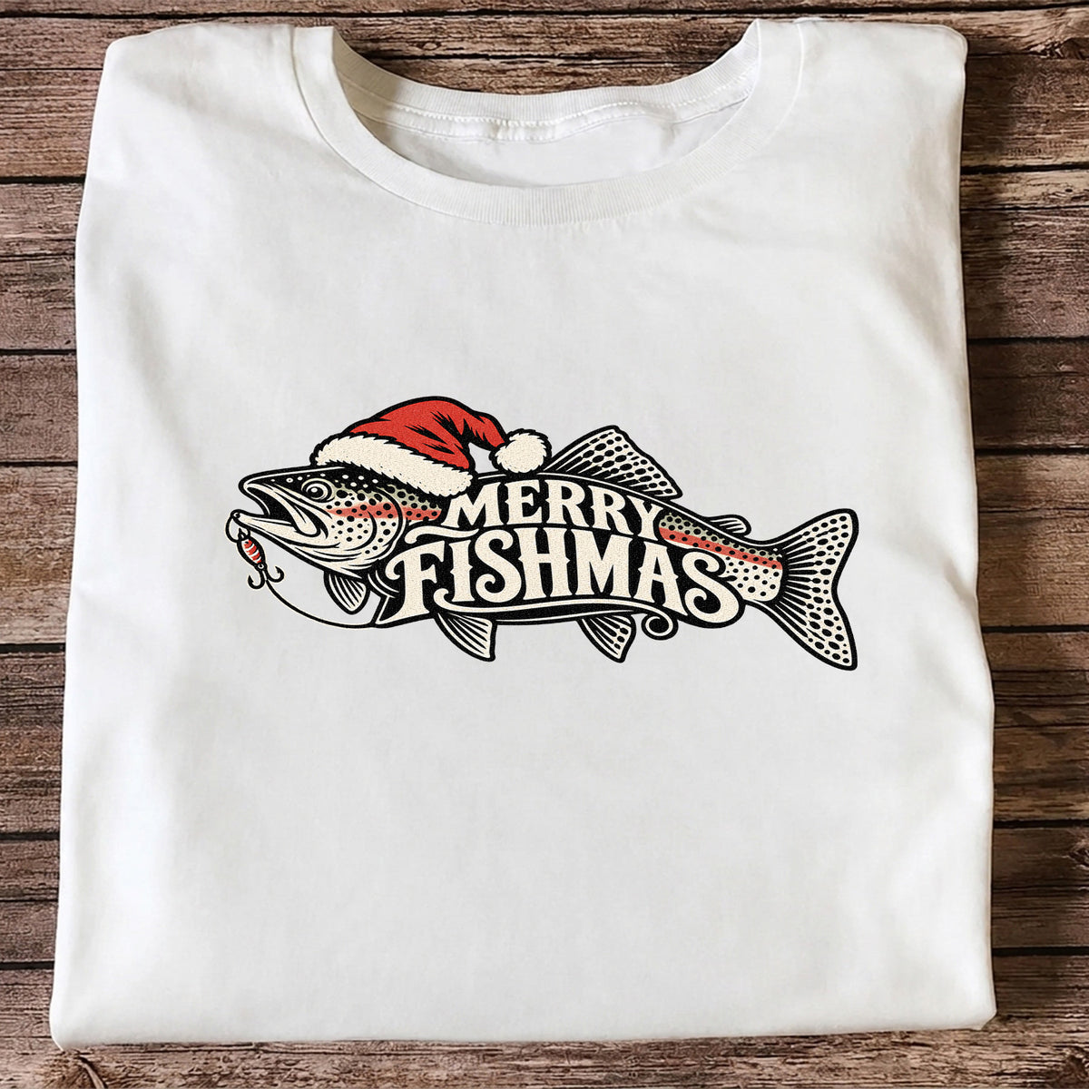 Merry Fishmas Rainbow Trout with Red Santa Hat and Lure Fishing T-Shirt