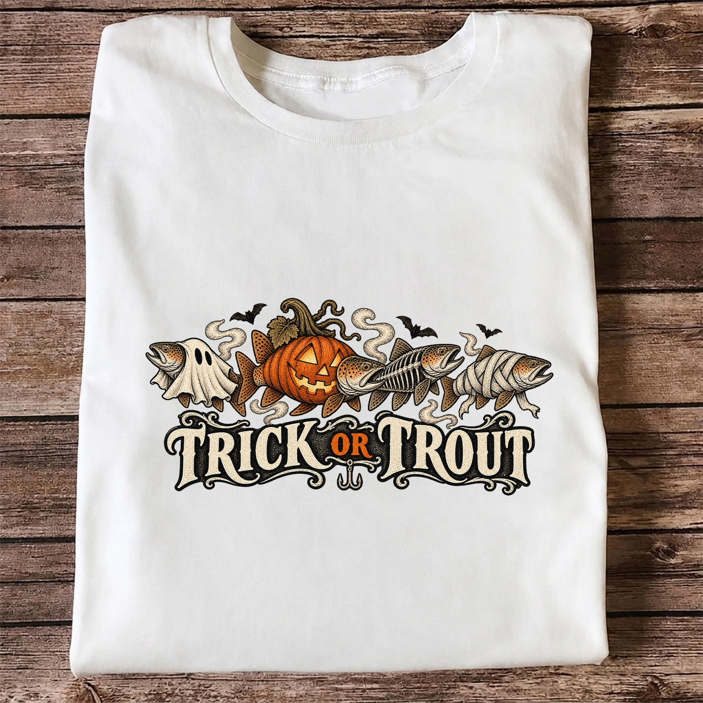Trick or Trout Halloween Fish Lineup Fishing T-Shirt