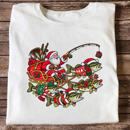 Santa Pulling Festive Bass Fishing Graphic T-Shirt