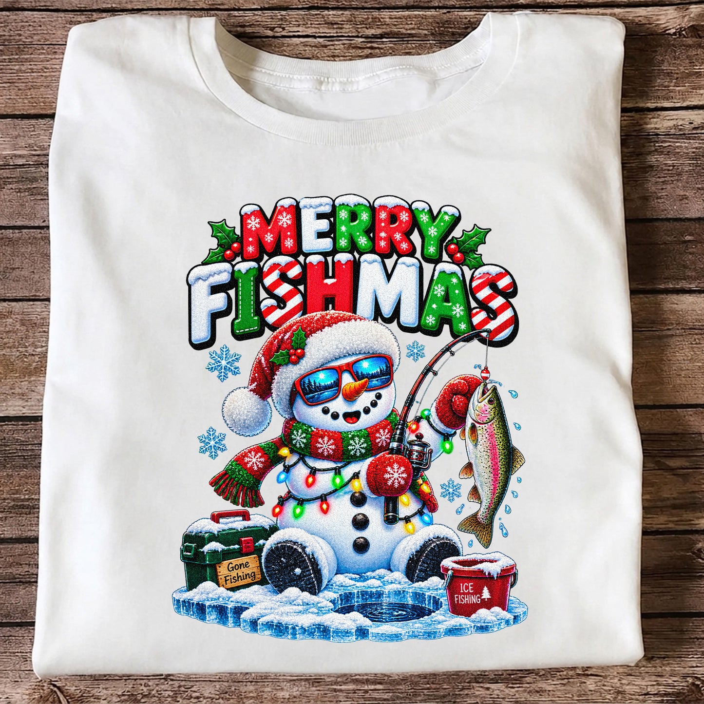 Merry Fishmas Gone Fishing Snowman and Rainbow Trout Ice Fishing Christmas T-Shirt