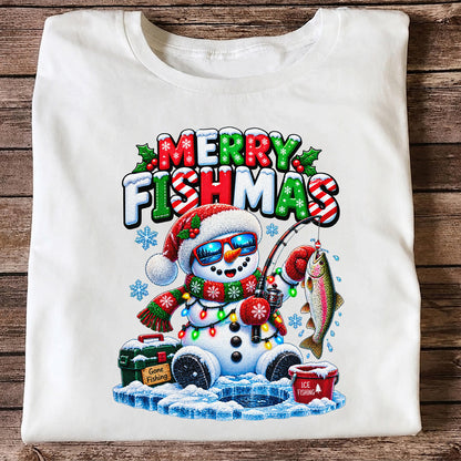 Merry Fishmas Gone Fishing Snowman and Rainbow Trout Ice Fishing Christmas T-Shirt